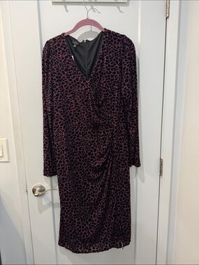 Talbots Long Sleeve Burgundy and Black Leopard Wrap-Style Dress